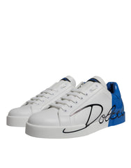 White Blue Leather Logo Low Top Sneakers Shoes
