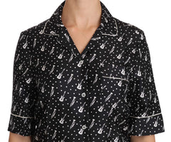 Black GuitarTrumpet Print Silk Shirt Top