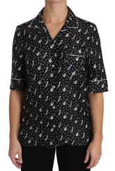 Black GuitarTrumpet Print Silk Shirt Top