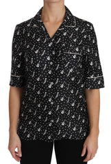 Black GuitarTrumpet Print Silk Shirt Top