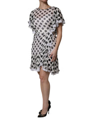 White Polka Dotted Silk Blend A-line Dress