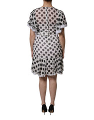 White Polka Dotted Silk Blend A-line Dress
