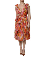 Multicolor Floral Silk V-neck Chiffon Dress