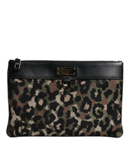 Multicolor Leopard Jacquard Print Logo Plaque Pouch Bag