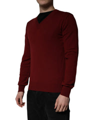 Maroon Cashmere V-neck Men's Pullover Sweater