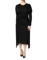 Black Wool Long Sleeves Sheath Midi Dress