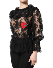 Black Cotton Floral Lace Blouse