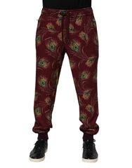 Burgundy Peacock Feather Print Jogger Pants