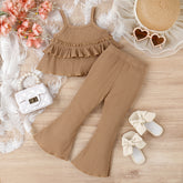 Children's Clothing Springummer Young And Little Girls Sling Lace-collared Blouse Horn Sunken Stripe Trousers Two-piece Suit