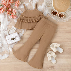 Children's Clothing Springummer Young And Little Girls Sling Lace-collared Blouse Horn Sunken Stripe Trousers Two-piece Suit