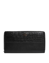 Black Leather Logo Plaque Zip Around Continental Wallet