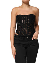 Black Strapless Floral Lace Bustier Cropped Top