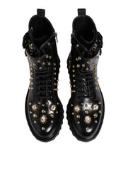 Black Studded Lace Up Mid Calf Boots Shoes