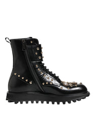 Black Studded Lace Up Mid Calf Boots Shoes