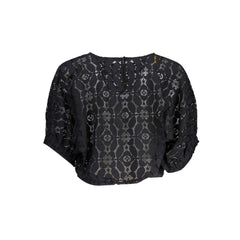 "Black Polyester Women Blouse with Contrasting Elastic Waistband"