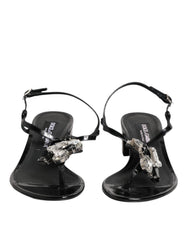 Black Leather Crystal Ankle Strap Sandals Shoes