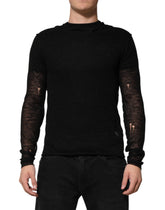 Black Linen Mesh Tattered Longsleeves T-shirt