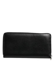 Black Leather Logo Plaque Zip Around Continental Wallet