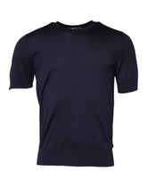 Dark Blue Silk Crew Neck Short Sleeves T-Shirt