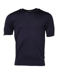 Dark Blue Silk Crew Neck Short Sleeves T-Shirt