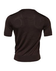 Brown Silk Crew Neck Short Sleeves T-shirt