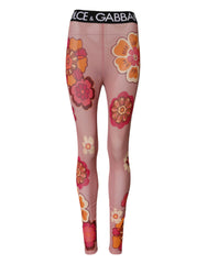 Pink Floral Leggings Stretch Waist Pants