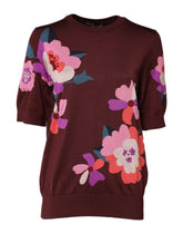 Maroon Floral Silk Crew Neck Blouse Top