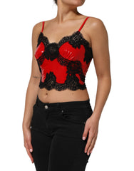 Red Black Lace Trim Polyester Sleeveless Tank Top