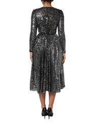 Black Sequined Long Sleeves Midi A-line Dress