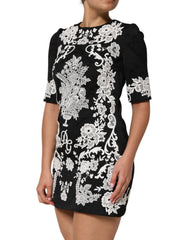 Black Lace Trim Short Sleeves A-line Dress