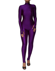 Purple Nylon Turtleneck Bodycon Jumpsuit Dress