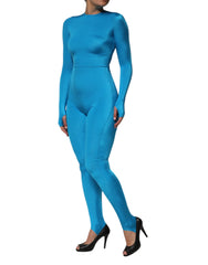 Blue Nylon Crew Neck Bodycon Jumpsuit Dress
