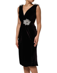Black Velvet Flower Embellishment Aline Dress