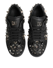 Black Leather Studded Low Top Sneakers Shoes