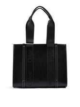 Black Woody Embroidered Logo Leather Medium Tote Bag