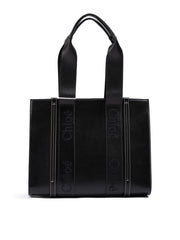 Black Woody Embroidered Logo Leather Medium Tote Bag