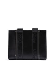 Black Woody Embroidered Logo Leather Medium Tote Bag