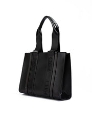 Black Woody Embroidered Logo Leather Medium Tote Bag
