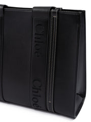 Black Woody Embroidered Logo Leather Medium Tote Bag