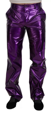 Purple Metallic Nylon Straight Trouser Pants