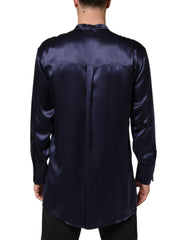 Navy Silk Long Sleeve Mandarin Collar Shirt