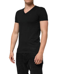 Black Cotton Tattered Logo V-Neck Men T-Shirt