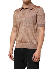 Brown Silk Textured Short Sleeve Polo T-Shirt