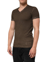 Dark Brown Cotton Tattered Logo Men T-shirt