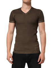 Dark Brown Cotton Tattered Logo Men T-shirt