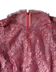 Pink Floral Lace Long Sleeve Midi Dress