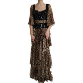 Leopard Print Silk Sequin Ruffle Maxi Dress