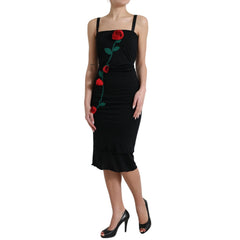Black Wool Sleeveless Rose Applique Dress