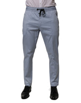 Light Blue Cotton Drawstring Elastic Waist Men Pants