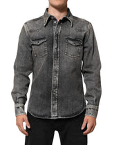 Black Washed Cotton Snap Long Sleeve Casual Shirt